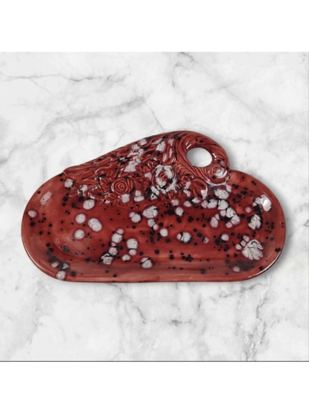 Mid-Century 1977 Byron Molds Red Speckled Glaze Ceramic Floral Vanity Tray